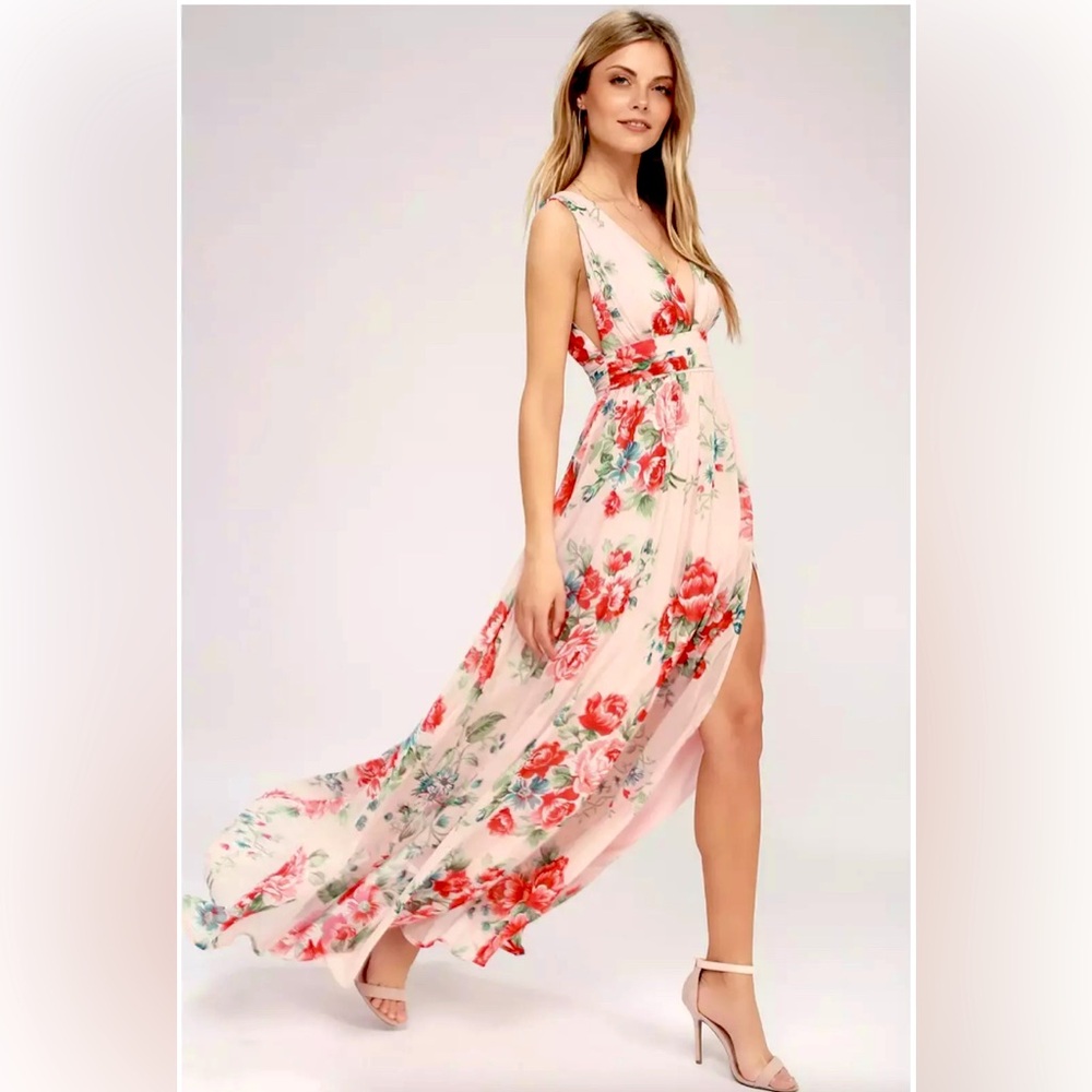 NWT Lulus Garden Meandering Blush Pink Floral Print Lined Maxi Dress S